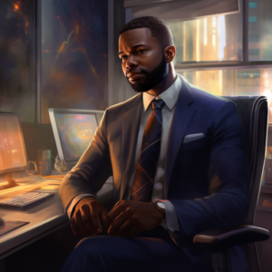 a high quality digital painting of a young black professional in a suit sitting triumphantly in his brightly lit modern office