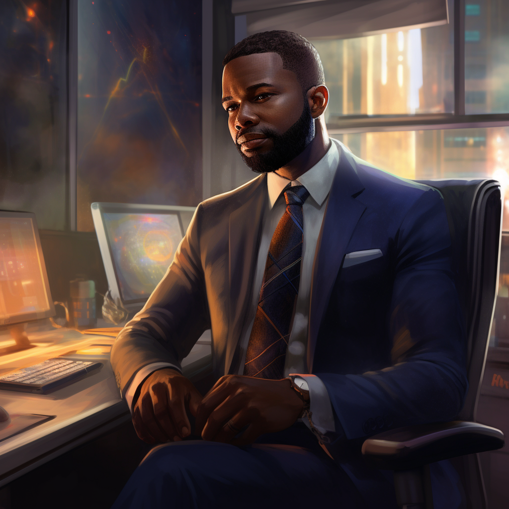 a high quality digital painting of a young black professional in a suit sitting triumphantly in his brightly lit modern office