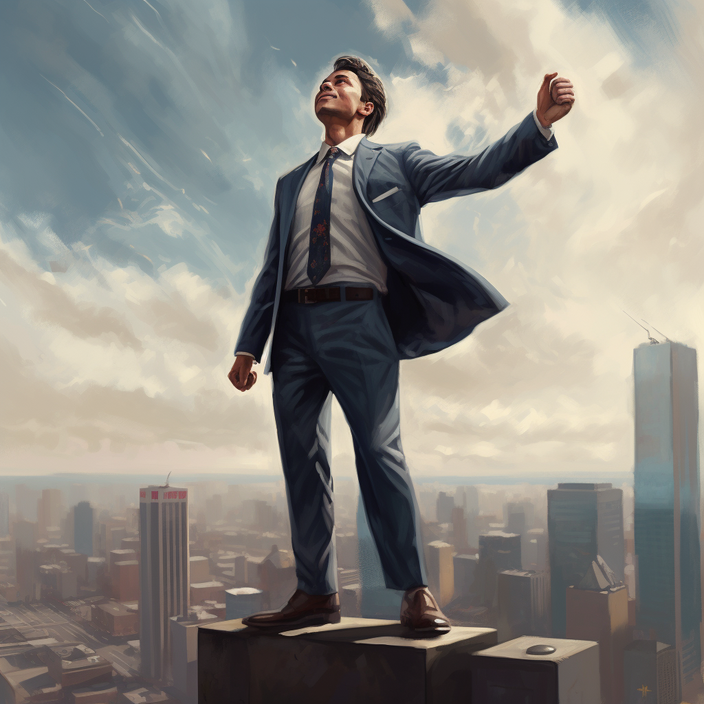 an exceptionally high quality digital painting of a young professional in a suit triumphantly standing on the roof of a skyscraper