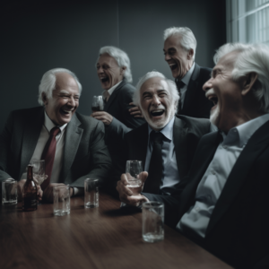 an exceptionally high quality photo of a group of old white haired corporate executives laughing and drinking in an office boardroom