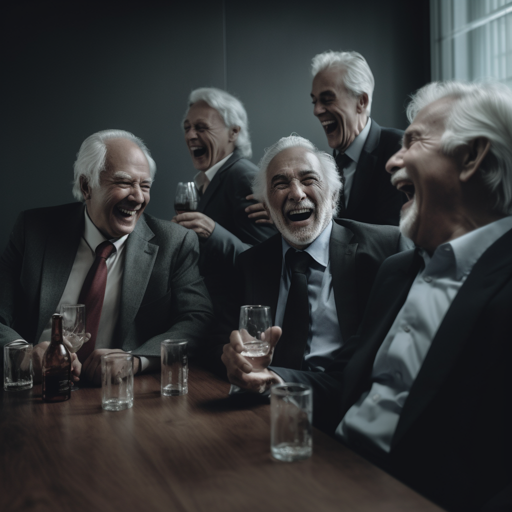 an exceptionally high quality photo of a group of old white haired corporate executives laughing and drinking in an office boardroom
