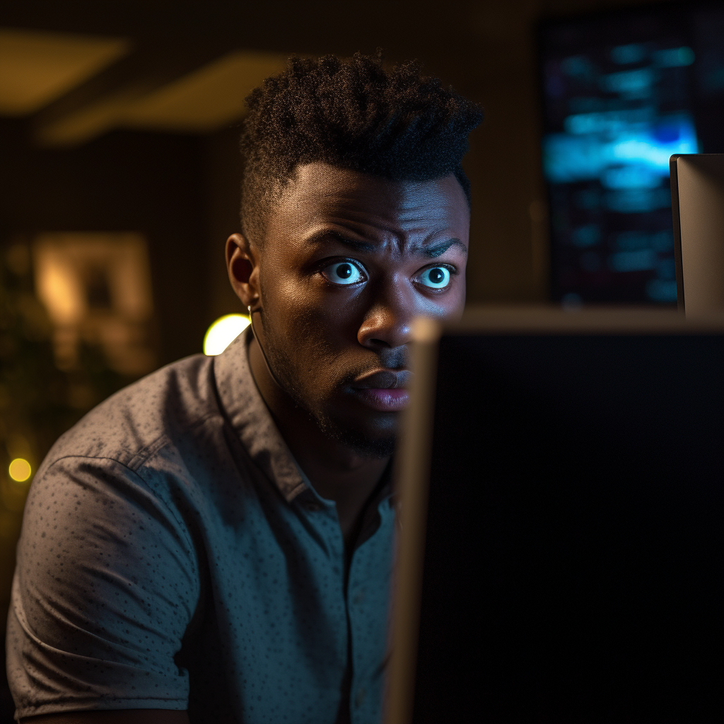 an exceptionally high quality photo of a young dark skinned professional with an angry expression while they are looking at a computer screen