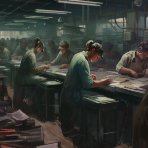 digital painting of dozens of expressionless people working in a factory on an assembly line